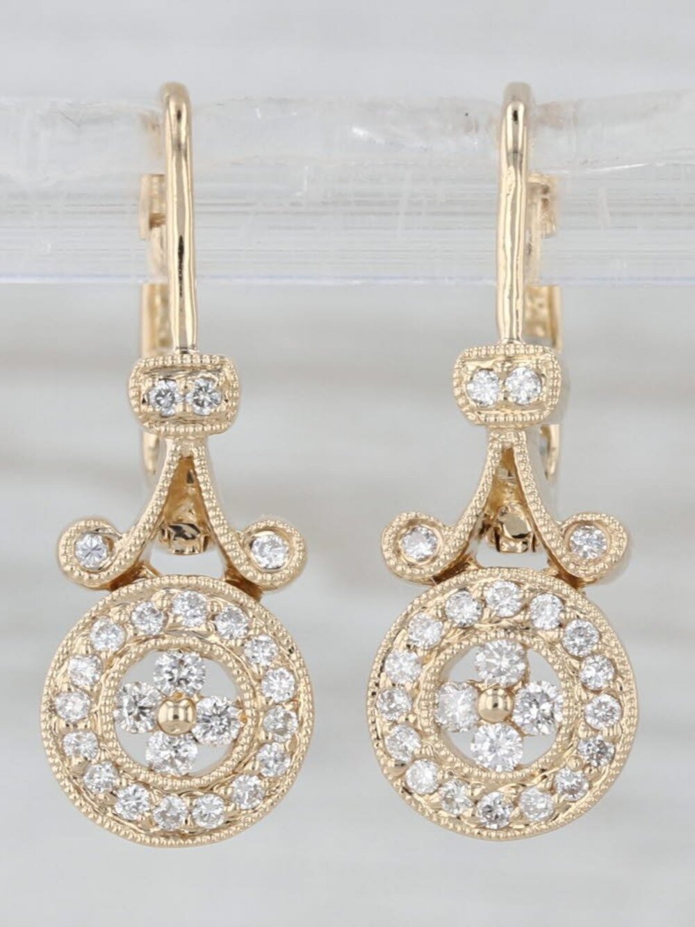0.34ctw Diamond Halo Drop Earrings 14k Yellow Gold Hook Posts Leverbacks